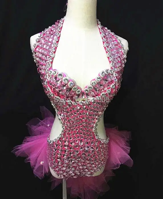 

Glisten Rhinestone Bra Bodysuit Outfit Skirt Shining Sexy Nightclub Wear Women's Party Female Singer One Piece Stage Wear