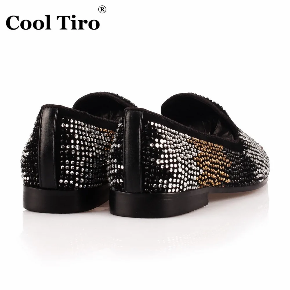 COOL TIRO/Лоферы со стразами и градиентом белого золотистого цвета черные замшевые
