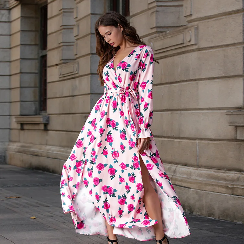 Bohemian Printing Maxi Dresses for Women Long V Neck Summer Beach Sashes Petal Sleeve Vestidos | Женская одежда