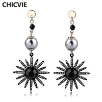 chicvie fashion vintage charm earrings for women jewelry black pearl earrings long flower pendant drop earrings dangle ser170003