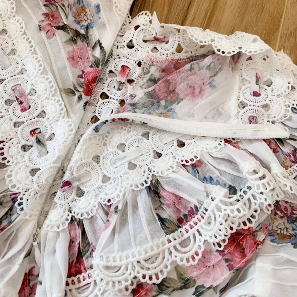 Baogarret Women Autumn Cotton Blouse Stand Collar Ruffles Flare Sleeve Vintage Flower Print Shirt Elegant Party Top |