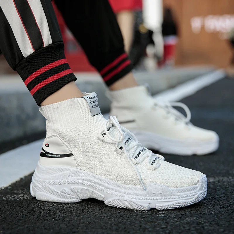 NEWDISCVRY Plus Size 36-46 High Top Men's Sock Sneakers 2019 Spring Men Knit Breathable Shark Shoes Male Platform Footwear Black |