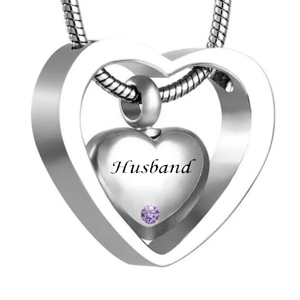 

custom Double Heart husband Twelve months birthstone Urn Necklace Pendant with Funnel ashes Keepsake Cremation jewelry