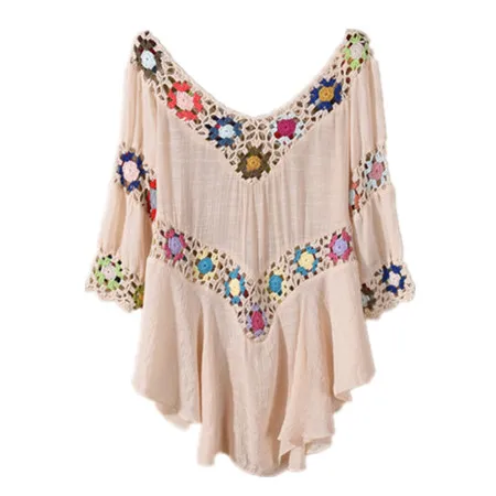 

Women Fashion Shirts V-neck Indie Folk Embroidery Flower Hollow Out Irregular Summer Blouse Loose Casual Beach Bikini Outer Tops