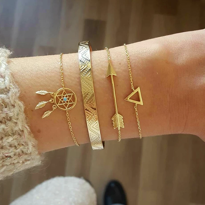 KISSWIFE 4 Pcs/Set Vintage Geometric Arrow Crystal Chain Gold Bracelets Ladies Bohemian Beach Bangle Jewelry | Украшения и