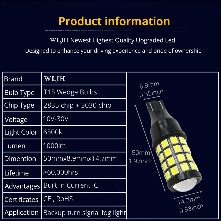 WLJH 2x супер белый 1000lm автомобильный светильник T15 W16W Светодиодная лампа сигнальный резервный обратный светильник габаритный верхний стоп противотуманная лампа неполярность