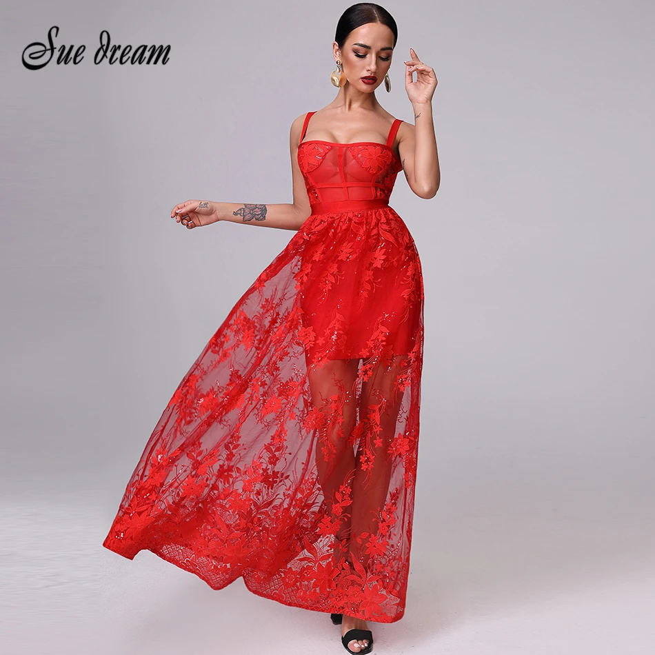 Сексуальное Красное Кружевное женское Бандажное платье Лето 2021 на тонких