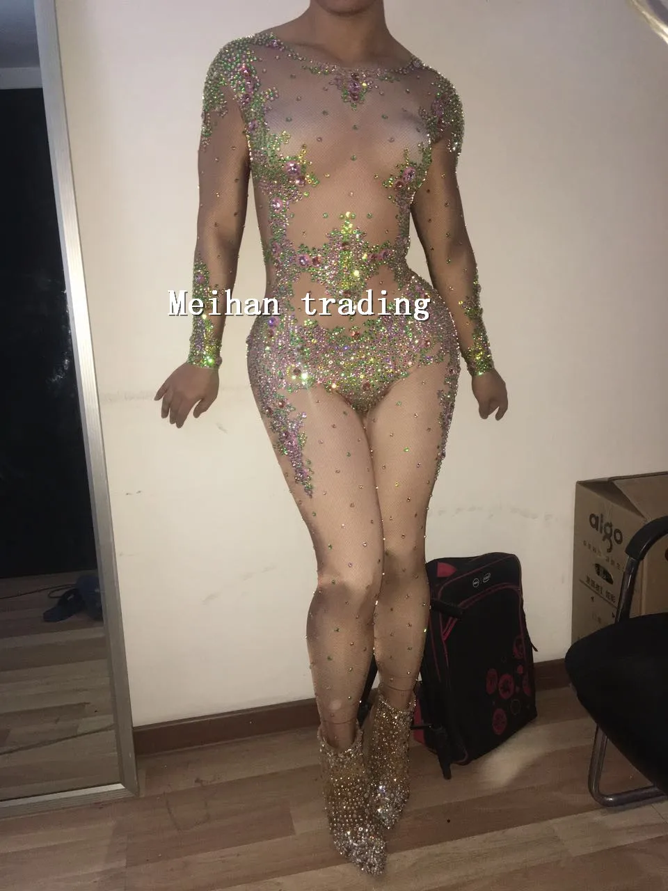 Colorful Crystals Leggings Jumpsuit Women's sexy Evening One-piece Costume Luxury Bodysuit Female Rhinestone Nude Skinny Rompers | Женская