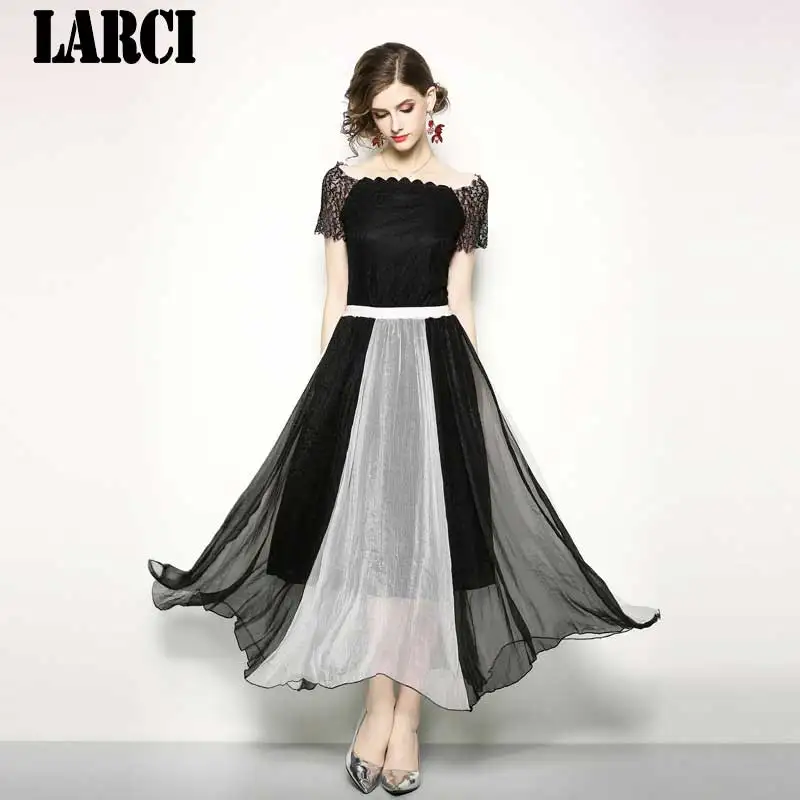 LARCI летние макси черное шифоновое кружевное платье Vestido Mujer Verano 2018 Высокая Талия