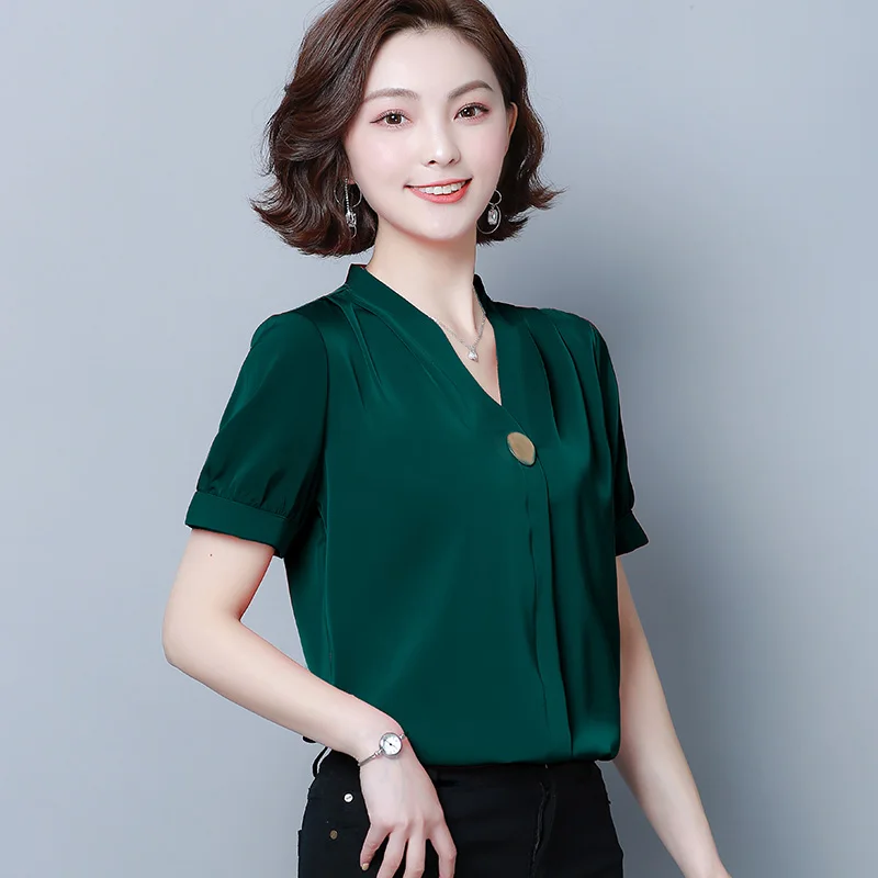 Корейская мода шелковые женские блузки атласные с коротким рукавом красные
