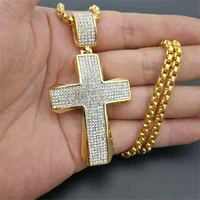 stainless steel big cross pendant chain male gold color paved rhinestones christian necklaces for men jewelry