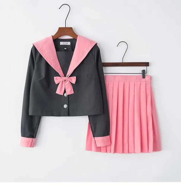 long sleeve sets Розовая британская форма для школьниц в консервативном стиле; костюмы для костюмированной вечеринки; школьная форма с коротким рукавом для хора JK; S-3XL - Цвет: long sleeve sets