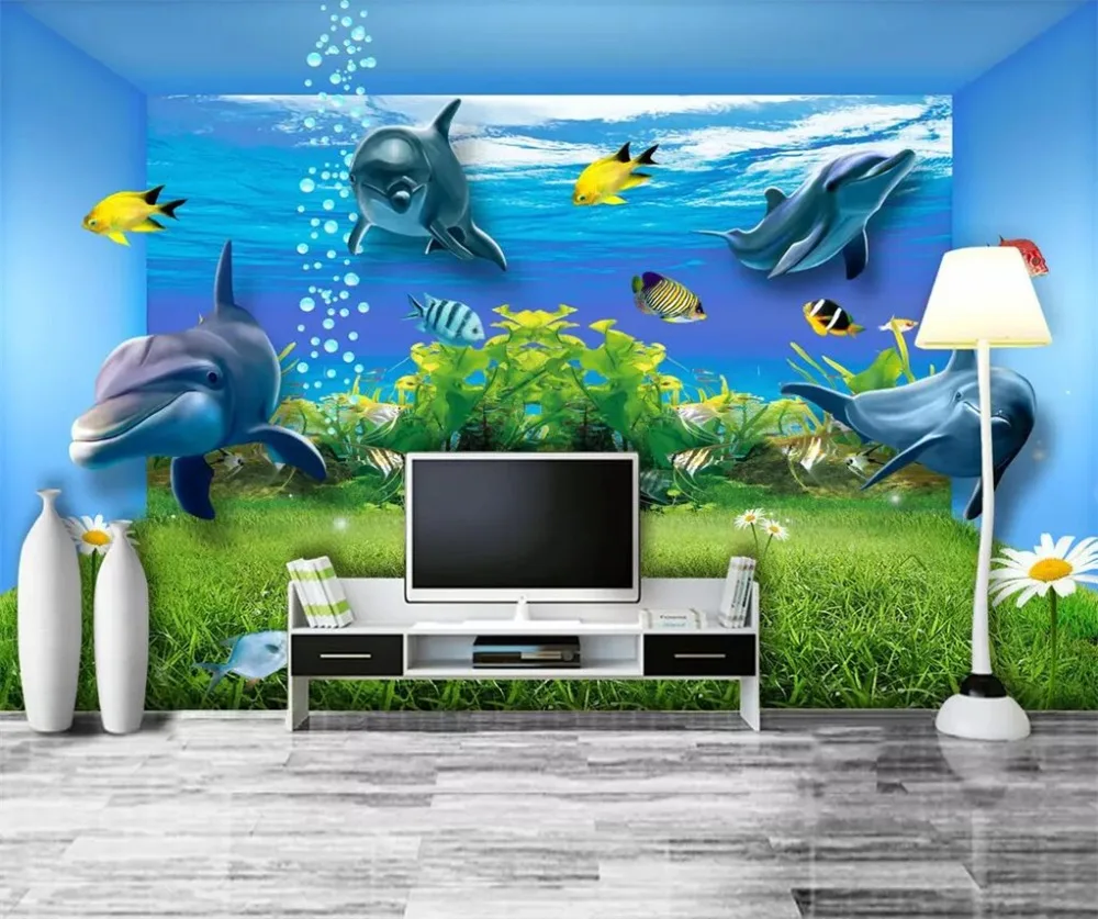 

beibehang papel de parede Custom wallpaper 3d murals underwater world stereo space dolphin TV background wall paper papier peint