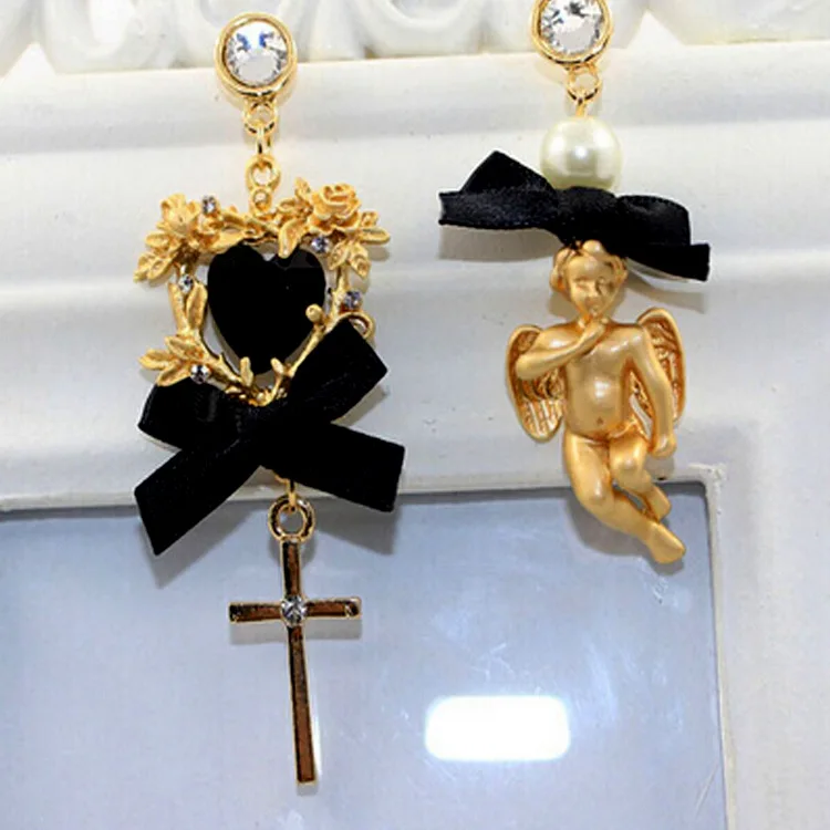 

Angel Cross Asymmetric Long Earrings with Heart for women