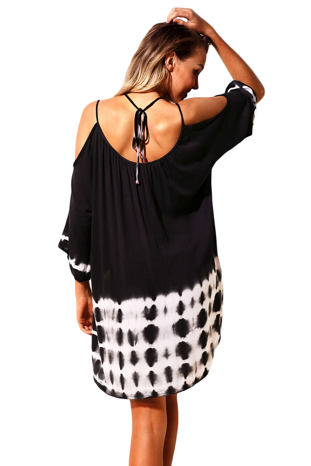 Black Navy Tie Dye Detail Cold Shoulder swimsuit cover up summer beach dress tunic long sleeve coverups for women 2018 |