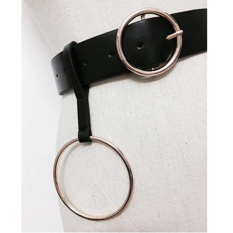 Gold Double Rings Belt For Women Leisure Faux Leather Waist Black Round Buckle Strap Waistband Cinturones Mujer Riem | Аксессуары для