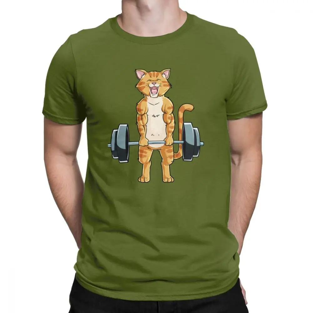 Креативный Кот Deadlift Powerlifting фитнес спортзал подъем веса футболки мужские Чистый хлопок футболка размера плюс одежда - Цвет: Армейский зеленый
