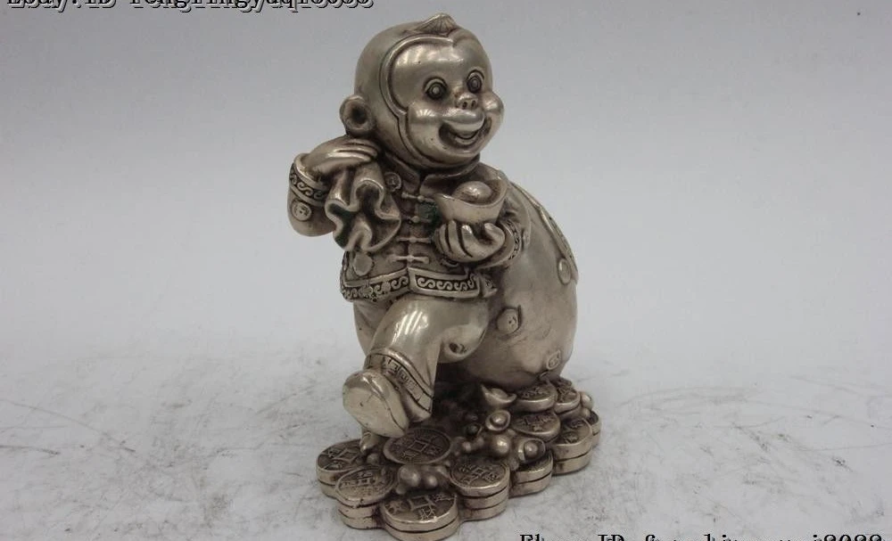 

7" China White Copper Bronze Silver Gilt Monky Bring Wealth Sack Fengshui Statue