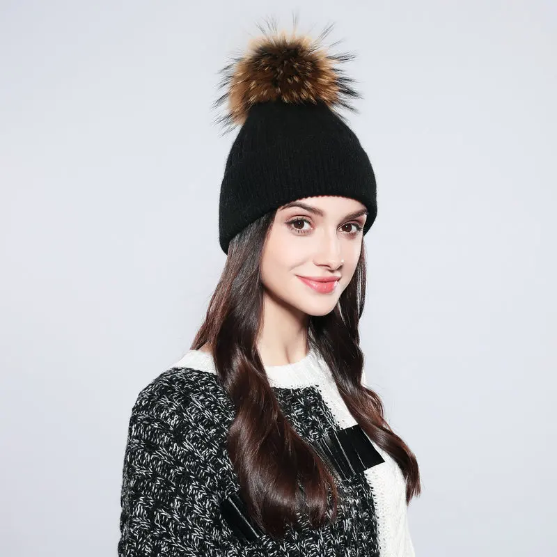 Шапки с помпоном 2019 шапочки hat новые зимние для женщин натуральный мех шерсть