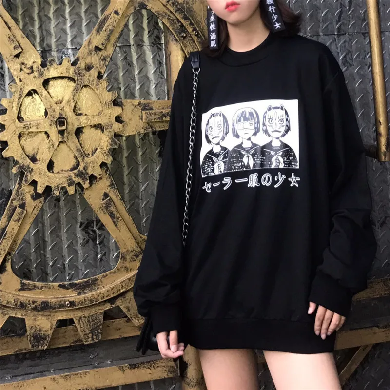 

Anime Character Japanese Words Printed Sweatshirt Casual Black Pullover Harajuku Hoodie Women Long Sleeve Outerwear Moletom