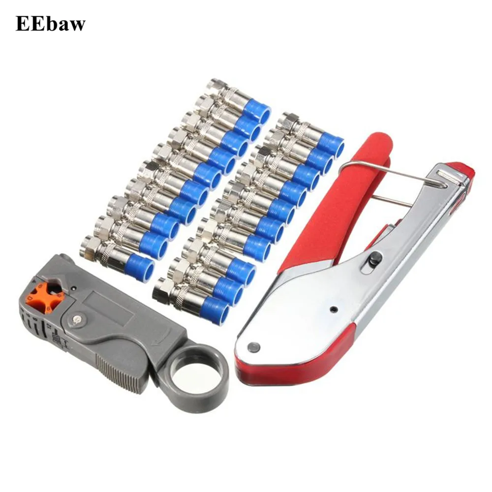 

22pc/set Coaxial Crimping Tool Kit Squeeze Clamp Pliers + Cable Stripper + 20 F-Type Heads Electrician RG Connectors Hand Tool