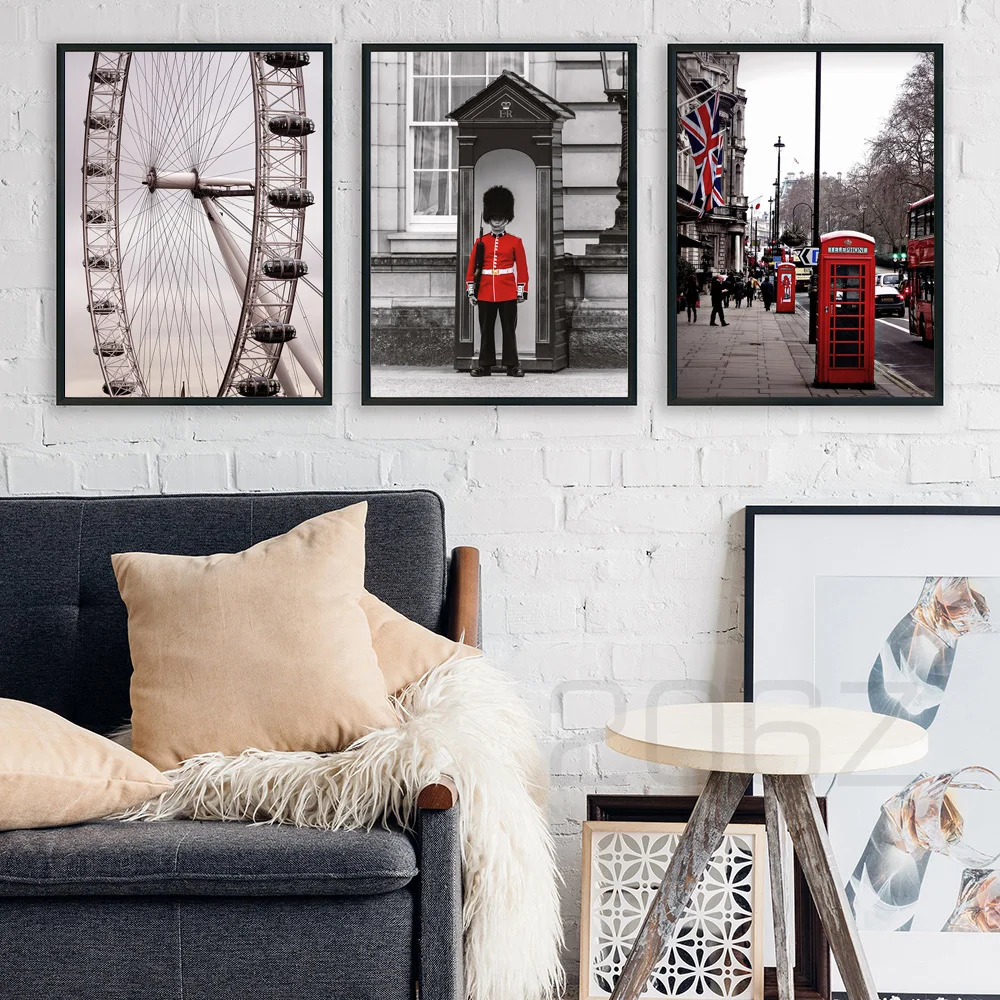 Картина на холсте с изображением колеса обозрения и красного автобуса|Рисование