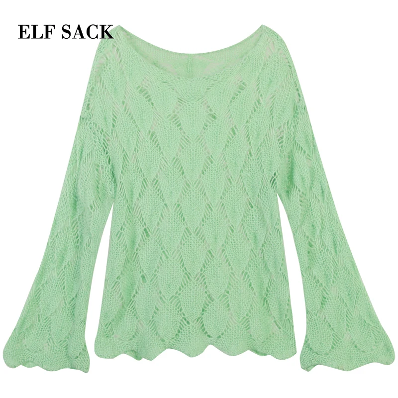 ELF SACK New Oversized Woman Sweater Casual Solid O-Neck Hand Knitted Full Women Pullovers Sweet Streetwear Hollow Femme Tops | Женская
