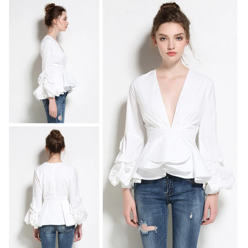 Женская блузка с глубоким v образным вырезом модельная дизайнерская рукавами