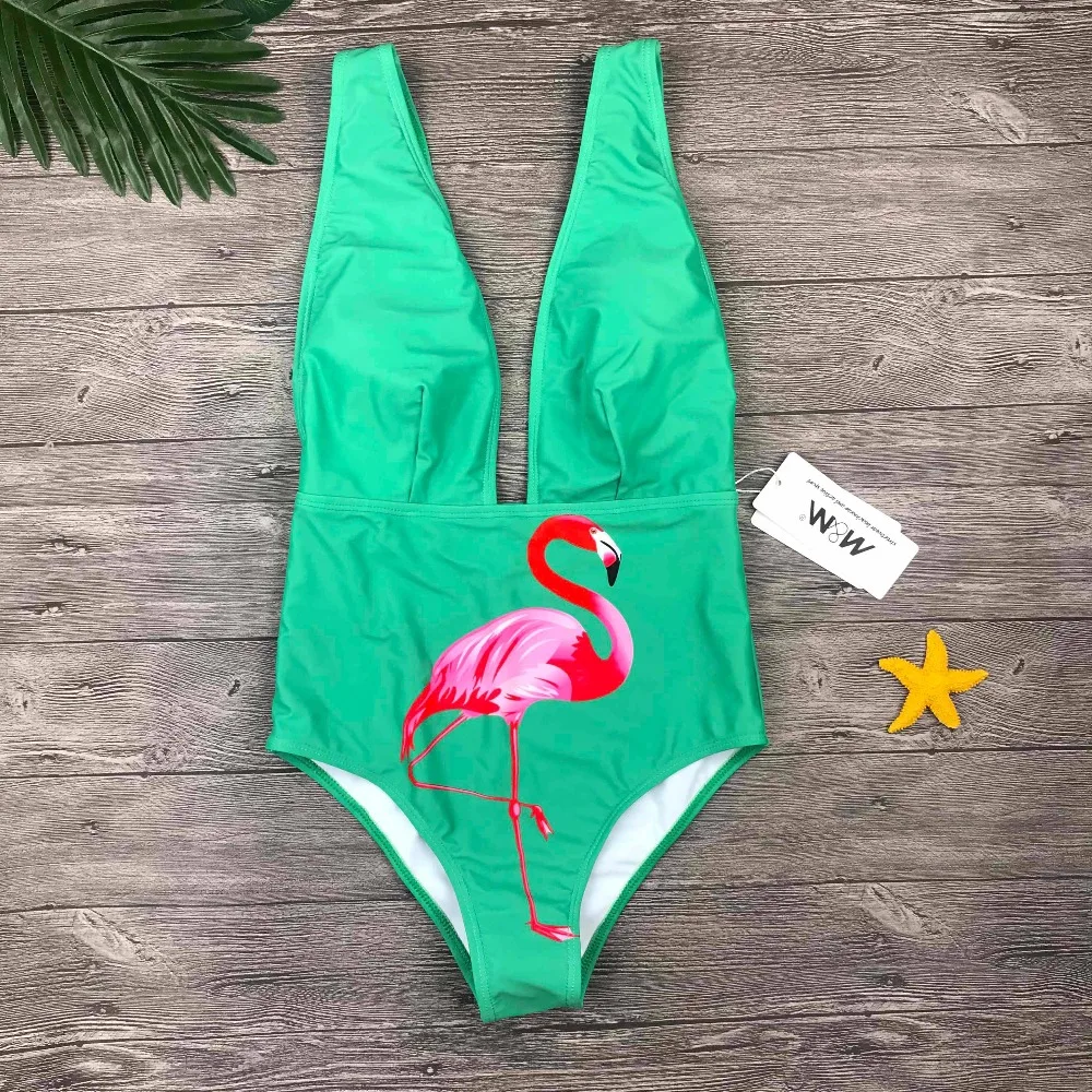 Sexy Multicolor bird print V Neck Push Up Padded High Waist One Piece swimsuit Swimwear Women Bodysuit Bathing SuitMonokini