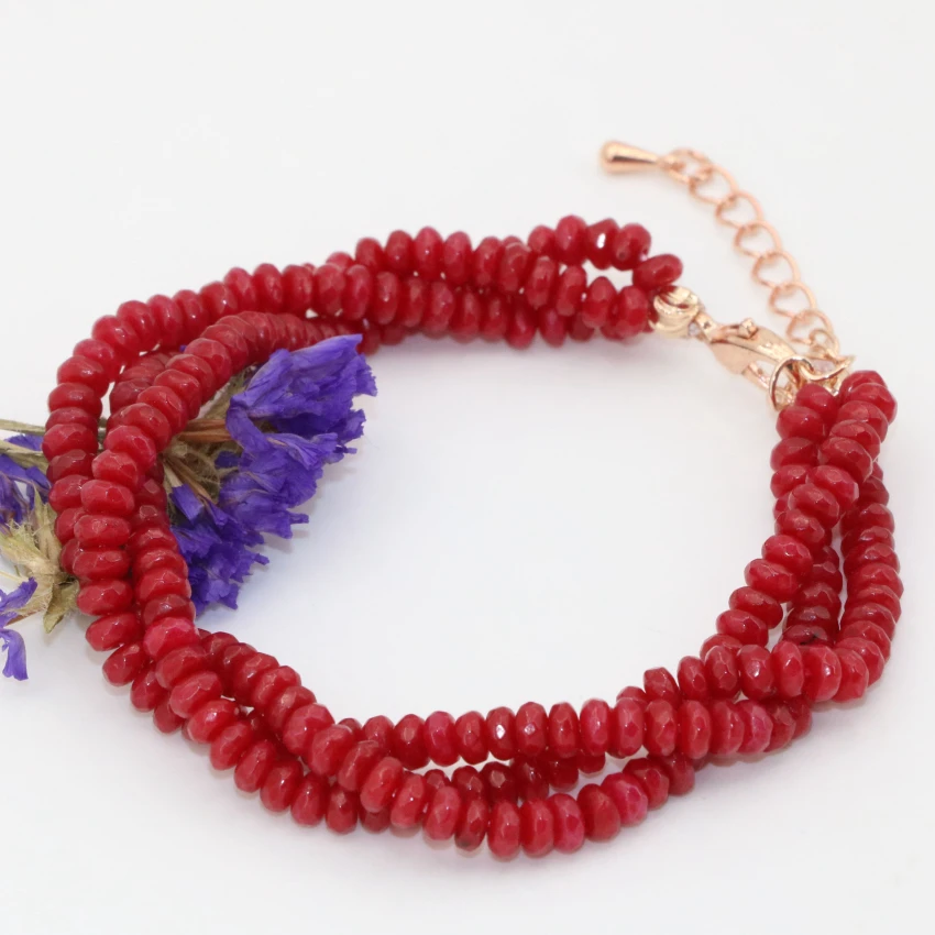 Wholesale price 3 rows rose gold-color clasp red jades chalcedony abacus faceted 2*4mm multilayer bracelet jewelry 7.5inch B2783 | Украшения