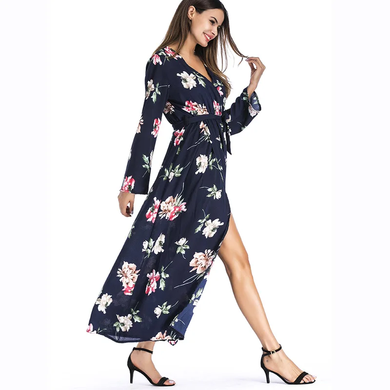 2018 Для женщин Осень плюс Размеры шифона с принтом сексуальное платье v образным