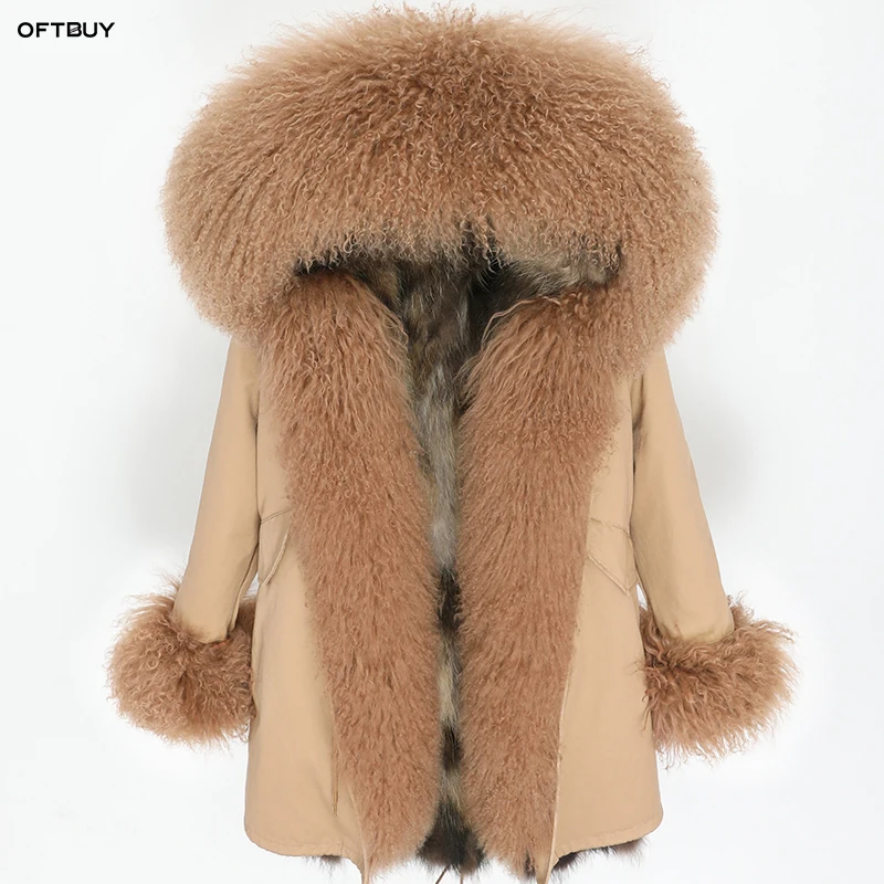 Женская меховая парка OFTBUY длинная с лисьим мехом и воротником из овчины уличная
