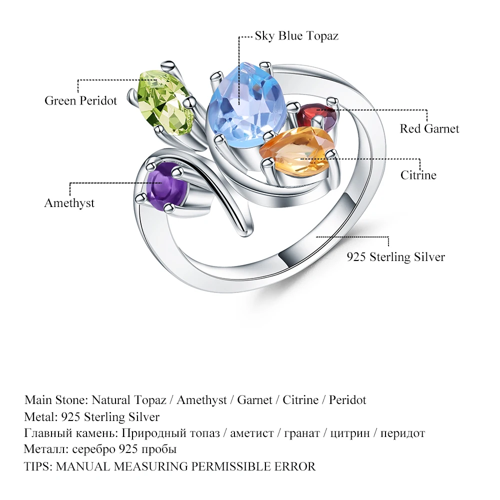 

Gem's Ballet Multicolor Natural Amethyst Garnet Peridot Citrine Topaz Cocktail Ring Silver 925 Jewelry Ring For Women sieraden