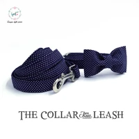 blue dog collar or leash set with bow tie personal custom adjustable pet 100 cotton dog cat necklace