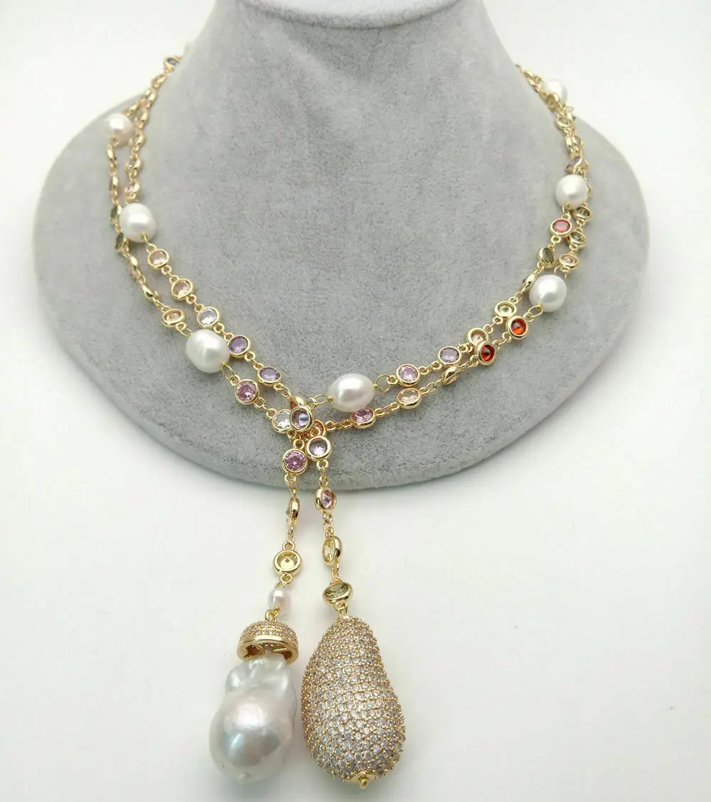 49" White Keshi Pearl multi color Cz Pave Chain Long Necklace
