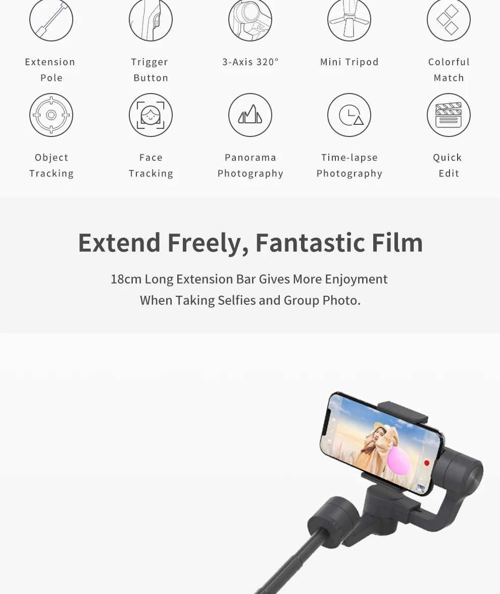 FeiyuTech Vimble 2 Feiyu 3-осевой Карманный карданный стабилизатор для смартфона, растяжимый шест Штатив для iPhone X 8 XIAOMI samsung