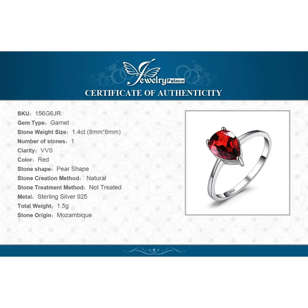 Jewelrypalace капли воды 1.6ct натуральный красный гранат Твердые 925 Серебряные кольца для Для женщин модные вечерние Красивые ювелирные изделия
