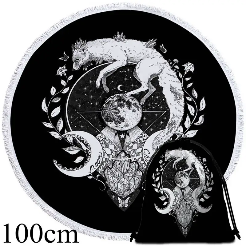 Black 100cm-Bag Волк галактика Пикси холодное искусство круглое пляжное полотенце луна ребенок гобелен лиса животное Toalla одеяло планета банное полотенце 150 см Коврик для йоги - Цвет: Black 100cm-Bag