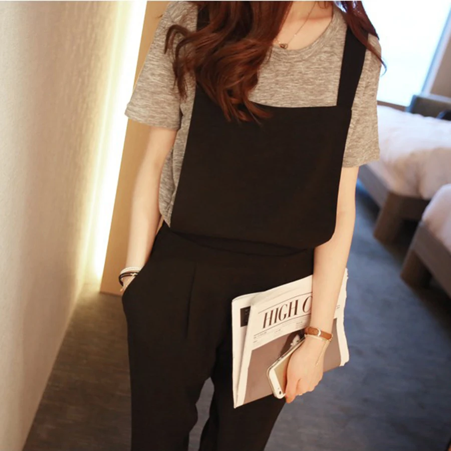 Летний комбинезон женский длинный черный уличная одежда Rave корейский стиль