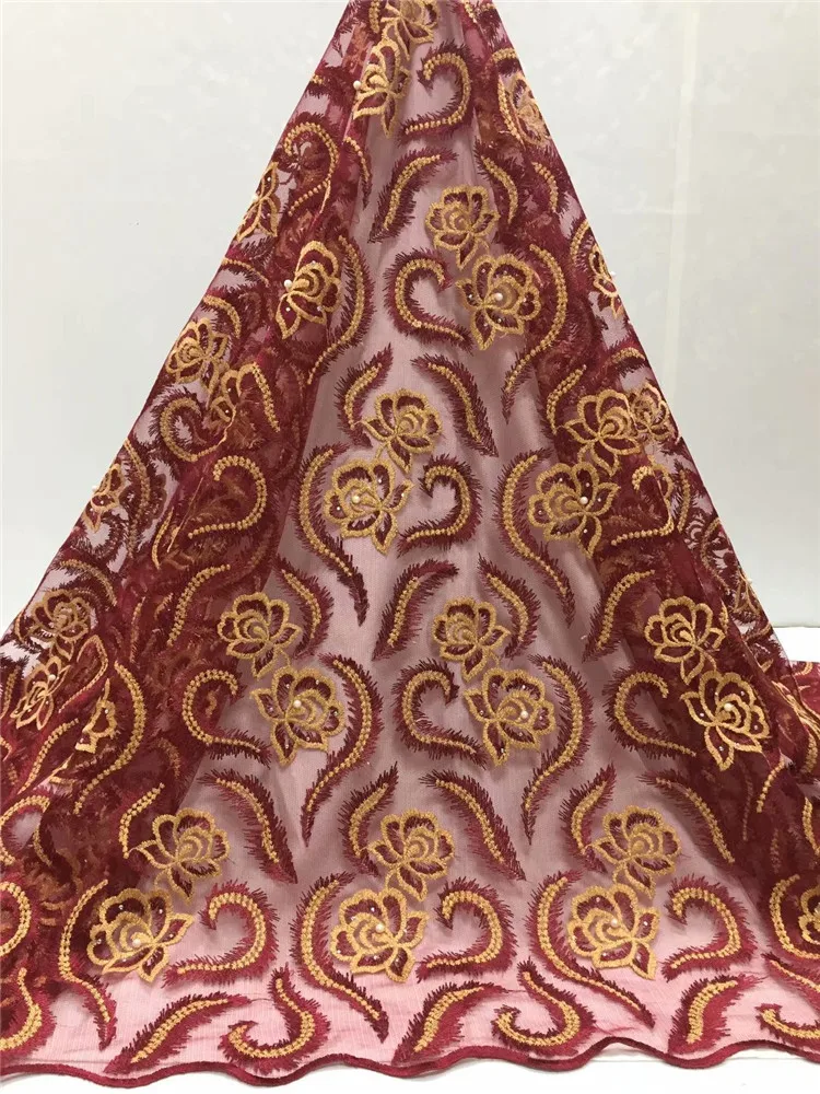 Африканские синие бордовые кружевные ткани с вышивкой из полиэстера бисером