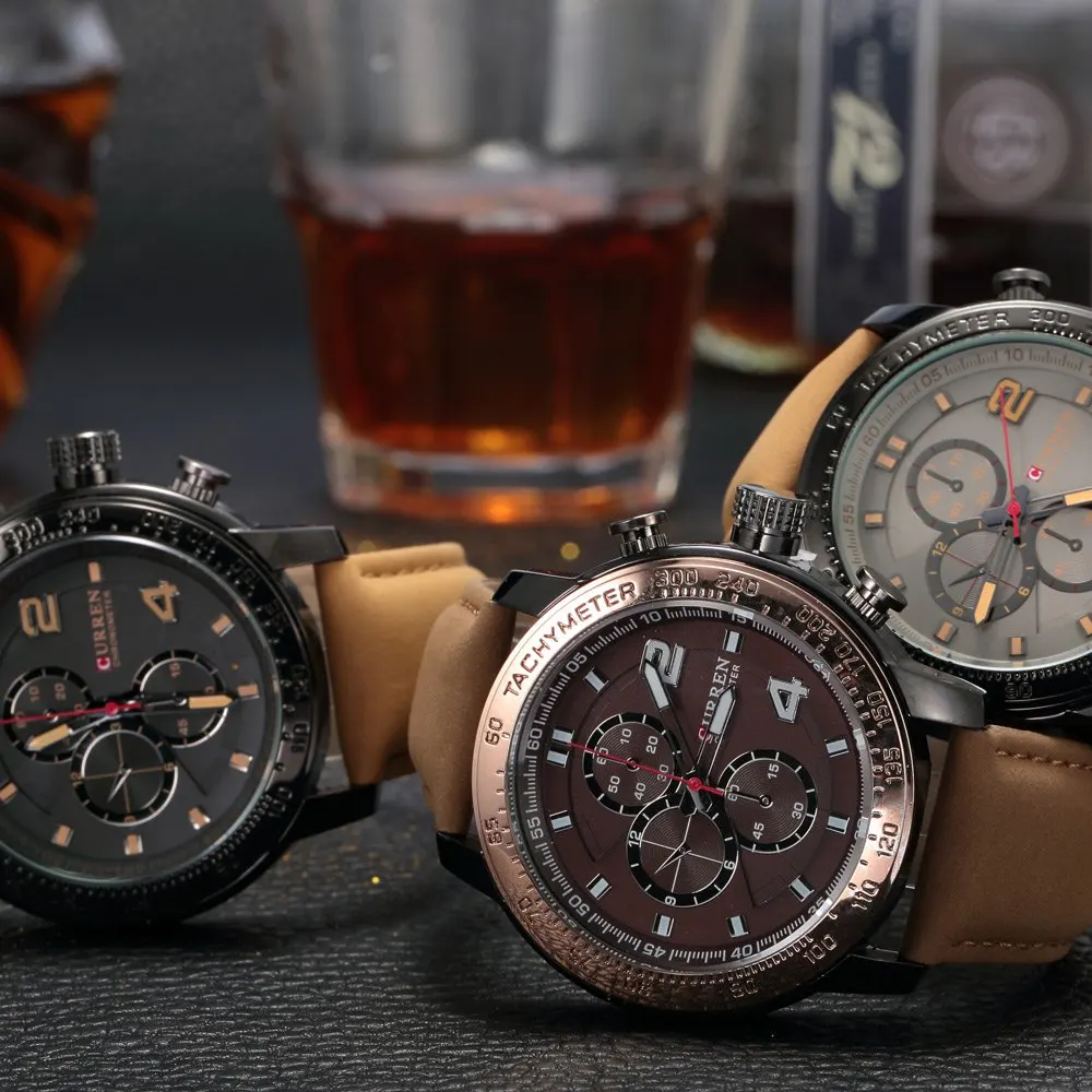 Мужские спортивные часы Curren роскошные повседневные кварцевые с кожаным ремешком