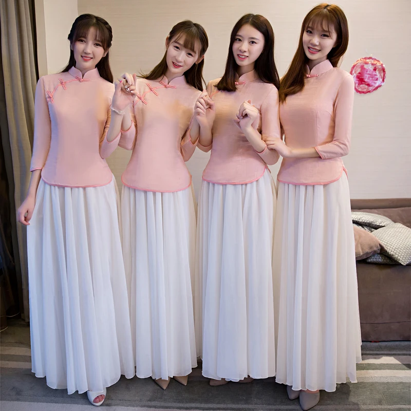 

Shanghai Story Chinese Vintage Traditional Clothing Top + Skirt Chinese Cheongsam Wedding Dress Long Bridal Asian Pink