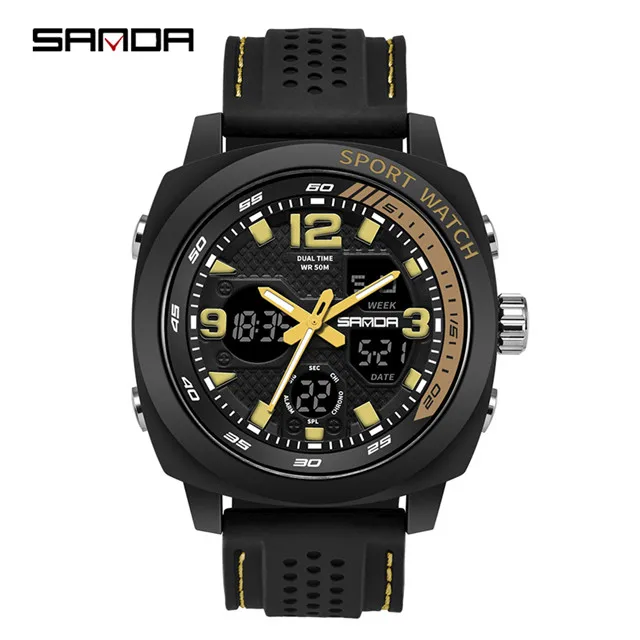 Black gold SANDA Брендовые мужские модные спортивные часы мужские светодиодный водонепроницаемые цифровые часы G повседневные вибрационные военные часы Relogio Masculino - Цвет: Black gold