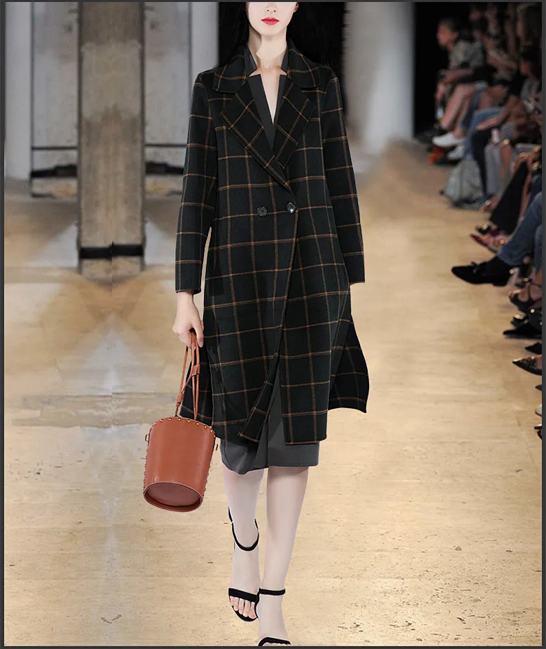 

Fine 100% Wool Plaid Trench Lady 2017 Autumn Winter Turn Down Collar Warm Thick Coat Fashion Slim Long Streetwear