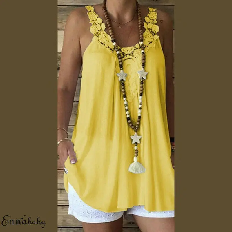 Модная однотонная блузка для женщин с круглым вырезом и кружевом без рукавов