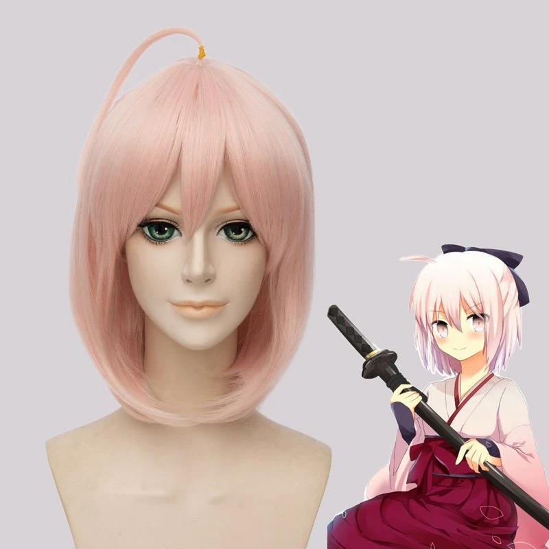 

Fate Grand Order Okita Souji 35cm Short Straight Cosplay Wigs for Women Female Fake Hair Synthetic Hair Anime Cartoon Wig Pink