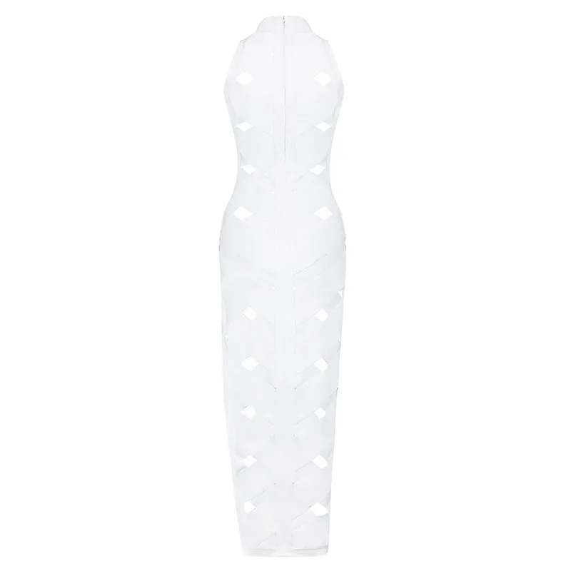 2020 New Summer Women Dress Vestidos Mid-calf Bandage Dresses White Hollow Out Split High Neck Celebrity Party Wholesale | Женская