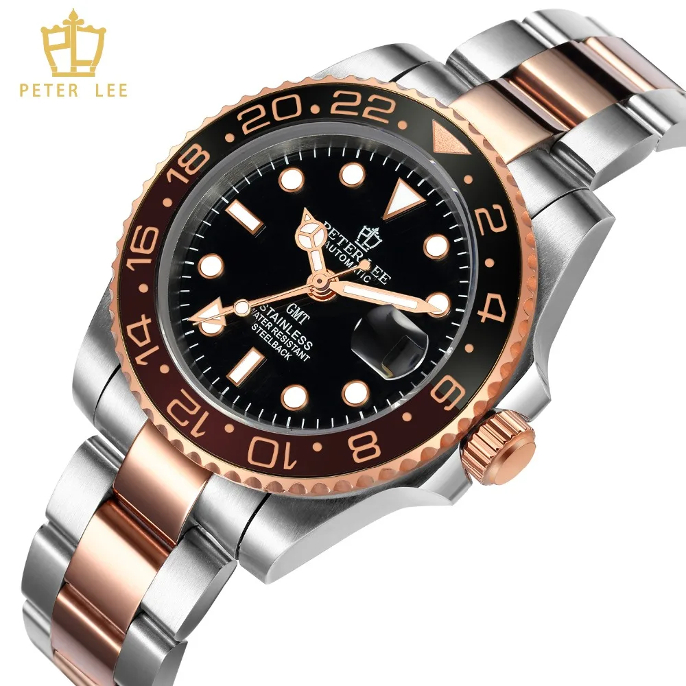 Часы PETER LEE классические мужские часы Rotatig с ободком GMT водонепроницаемые полностью стальные автоматические механические мужские часы лучший бренд класса люкс reloj