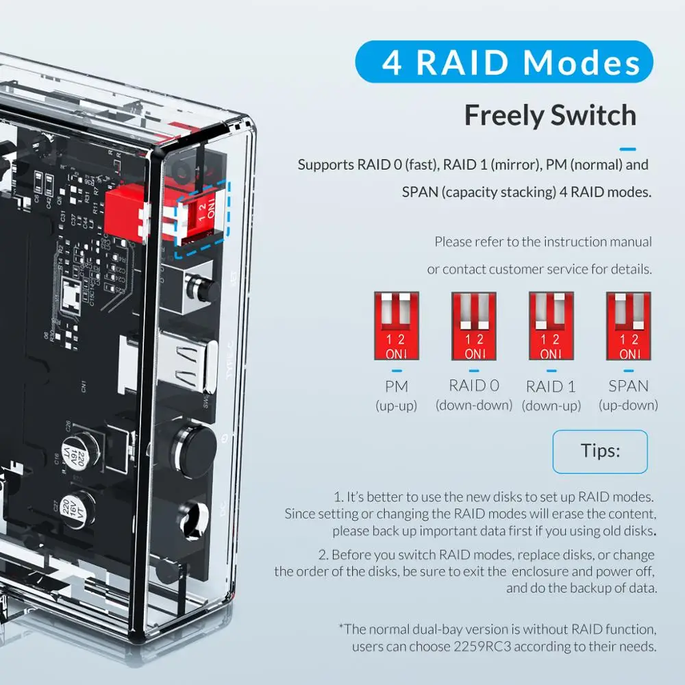 Чехол для жесткого диска ORICO 2 Bay 5 дюйма с функцией Raid Прозрачный чехол SATA на USB C