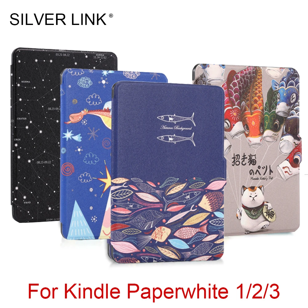 Серебряный цветной чехол для Kindle Paperwhite 3 защитный из искусственной кожи с принтом